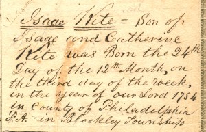 Family Bible birth entry for Isaac Kite, 1754